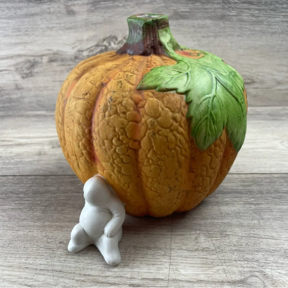 Vintage Ceramic Pumpkin Jack O Lantern With Ghost 7” Halloween Decor